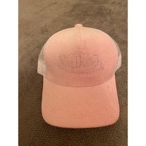 Von Dutch Rhinestone Velvet Pink Trucker Cap Hat